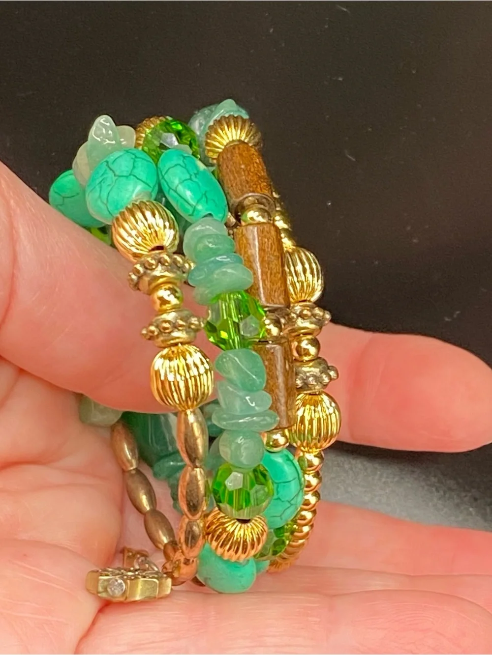 Boho multi strand Green Gold tone & wood Beaded Stretch Bracelet